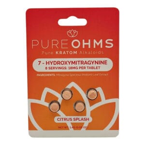 Pure Ohms Citrus Splash 18mg 7-Hydroxymitragynine tablets in a 4-count pack.