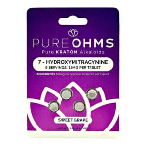 Pure Ohms Sweet Grape flavored 7-Hydroxymitragynine 18mg tablets, 4-count blister pack.