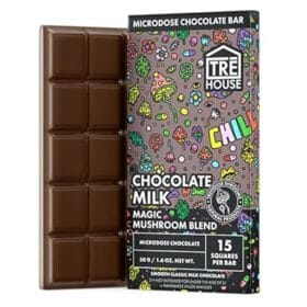 Tre House proprietary mushroom blend chocolate bar in Milk Chocolate flavor. 15 squares per pack. Available at the premier smoke and wellness shop in 77407.