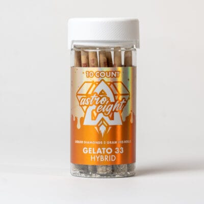 Astro Eight Gelato 33 Hybrid 10-count jar of Liquid Diamond infused pre-rolls with one kief-coated mini joint displayed on a white background