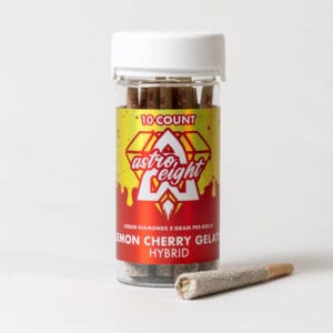 Astro Eight Lemon Cherry Gelato Hybrid 10-count jar of Liquid Diamond infused pre-rolls with a kief-coated joint displayed on a white background