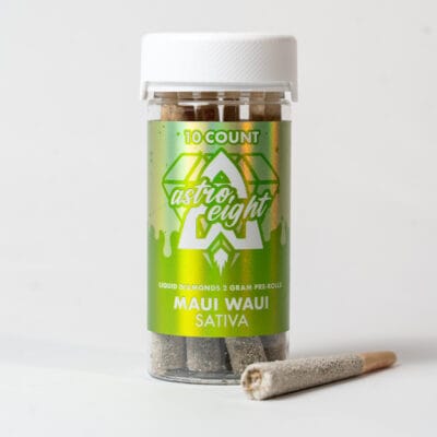 Astro Eight Maui Waui Sativa 10-count jar of Liquid Diamond infused pre-rolls with a kief-coated joint displayed on a white background