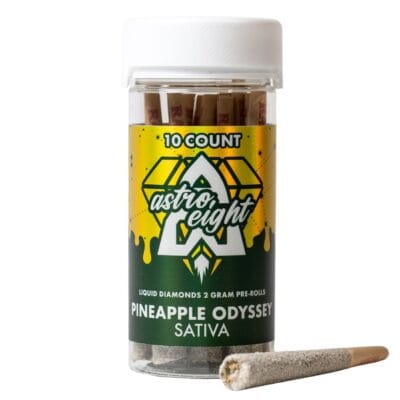 Astro Eight Pineapple Odyssey Sativa 10-count jar of Liquid Diamond infused pre-rolls with a kief-coated joint displayed on a white background.
