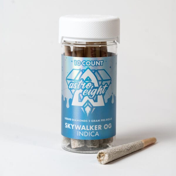 Astro Eight Skywalker OG Indica 10-count jar of Liquid Diamond infused pre-rolls with a kief-coated joint displayed on a white background