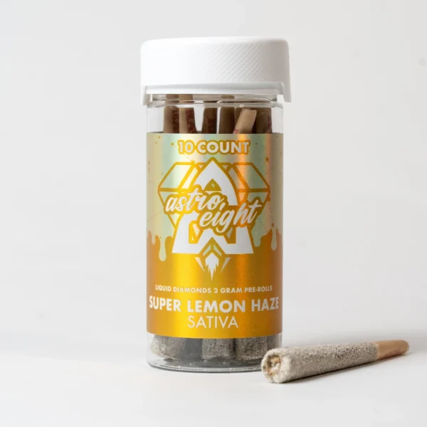 Astro Eight Super Lemon Haze Sativa 10-count jar of Liquid Diamond infused pre-rolls with one kief-coated joint displayed on a white background