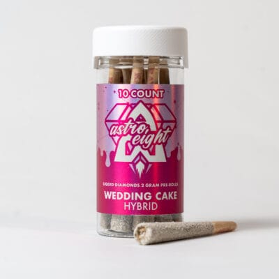 Astro Eight Wedding Cake Hybrid 10-count jar of Liquid Diamond infused pre-rolls with one kief-coated joint displayed outside the jar