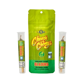 Cheech and Chong’s Blazers 2-count pack of Huckleberry and OG Kush THCA infused pre-rolls with individual tubes and lab-testing QR codes.